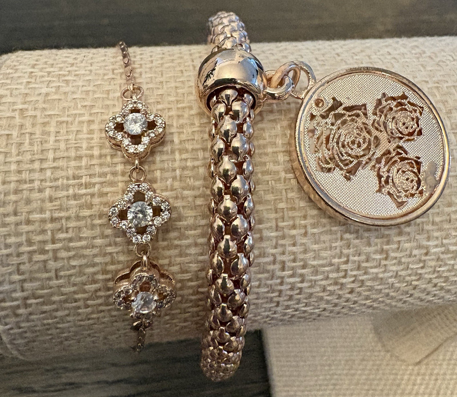 Beautiful 2 rose gold Tone One With CZ bracelets And A Beaded Necklace Set