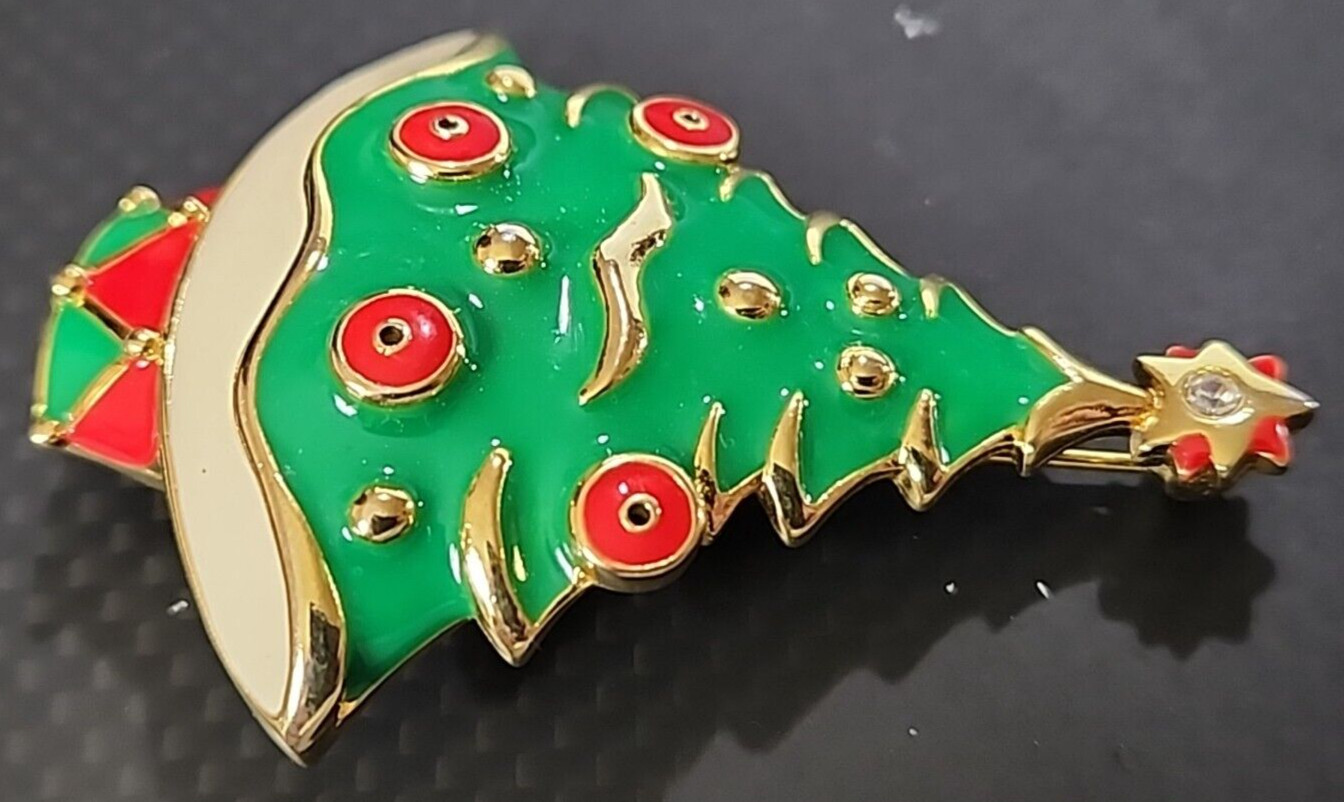Brooch Christmas Tree Green Gold White Red Holiday Enamel or Metal Pin 2 1/2″