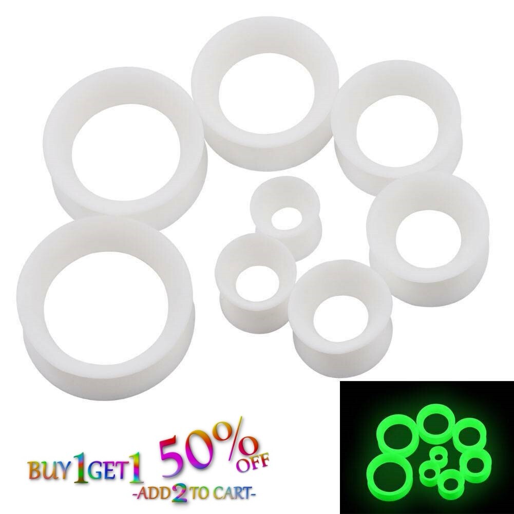 Pair 8g-40mm CLEAR GLOW SILICONE FLESH TUNNELS Double Flare Gauges Thin 2051