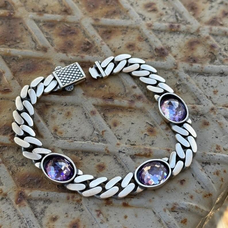 925 Solid Silver Amethyst Curb Chain Bracelet, 10MM Cuban Link Chain Bracelet