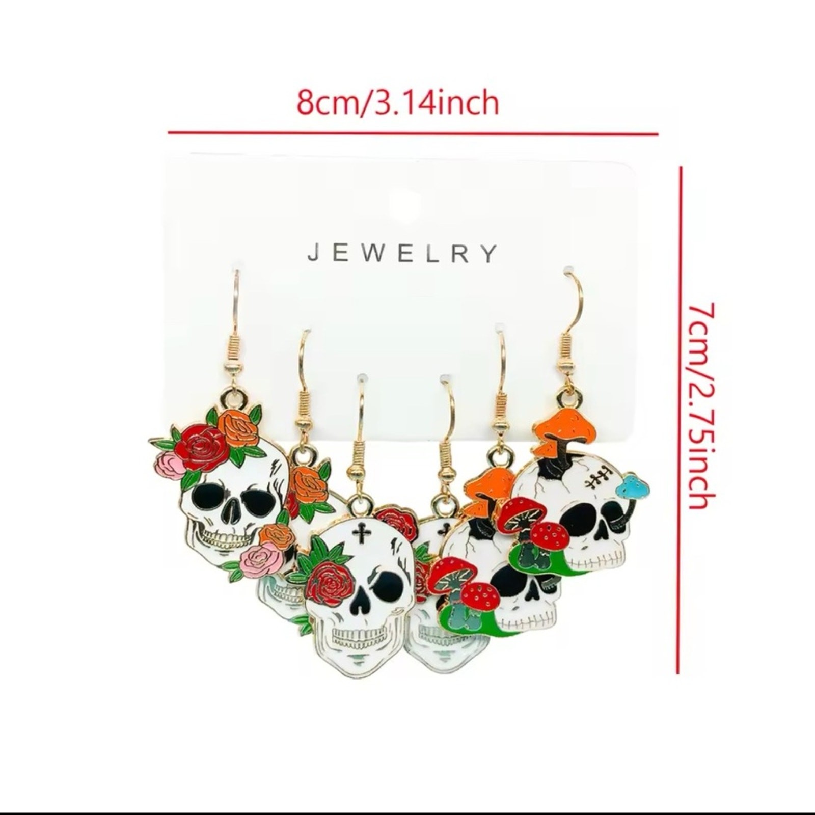 New – 3 Pairs of Flower Skull Dangle Earrings