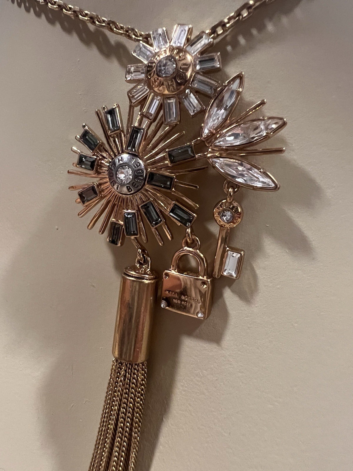 Henri Bendel 712 NY Crystal Padlock Key Statement Tassel Necklace Long 32″