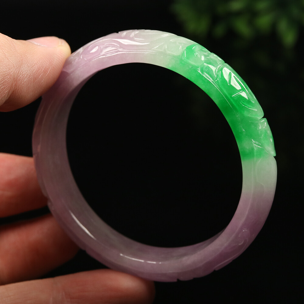 55mm Lavender Purple Green Jadeite Jade Bracelet Bangle Bat Coin 福在眼前 A-11671