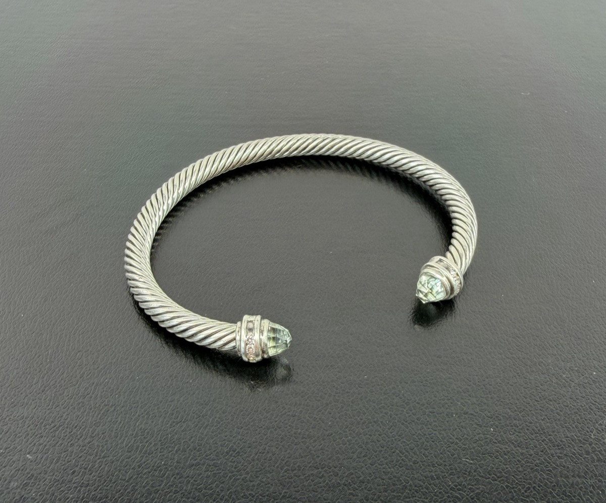 David Yurman Sterling Silver Prasiolite & Diamond Cable Cuff Bracelet 5 mm 6.5″