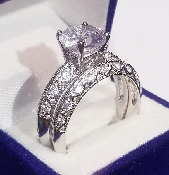 Luxury Art Deco Style 3Ctw Round Cut Created Diamond Silver Wedding Ring Set 2pc