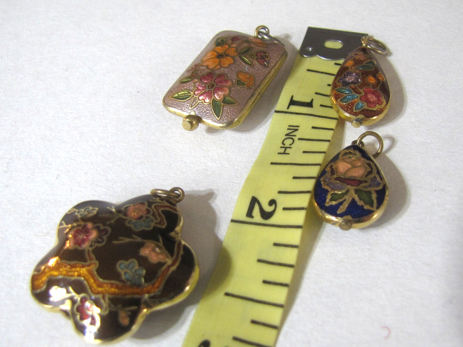 Vintage Cloisonne Pendant Lot 4 Floral Asian Charms Double Side Enamel Gold Tone