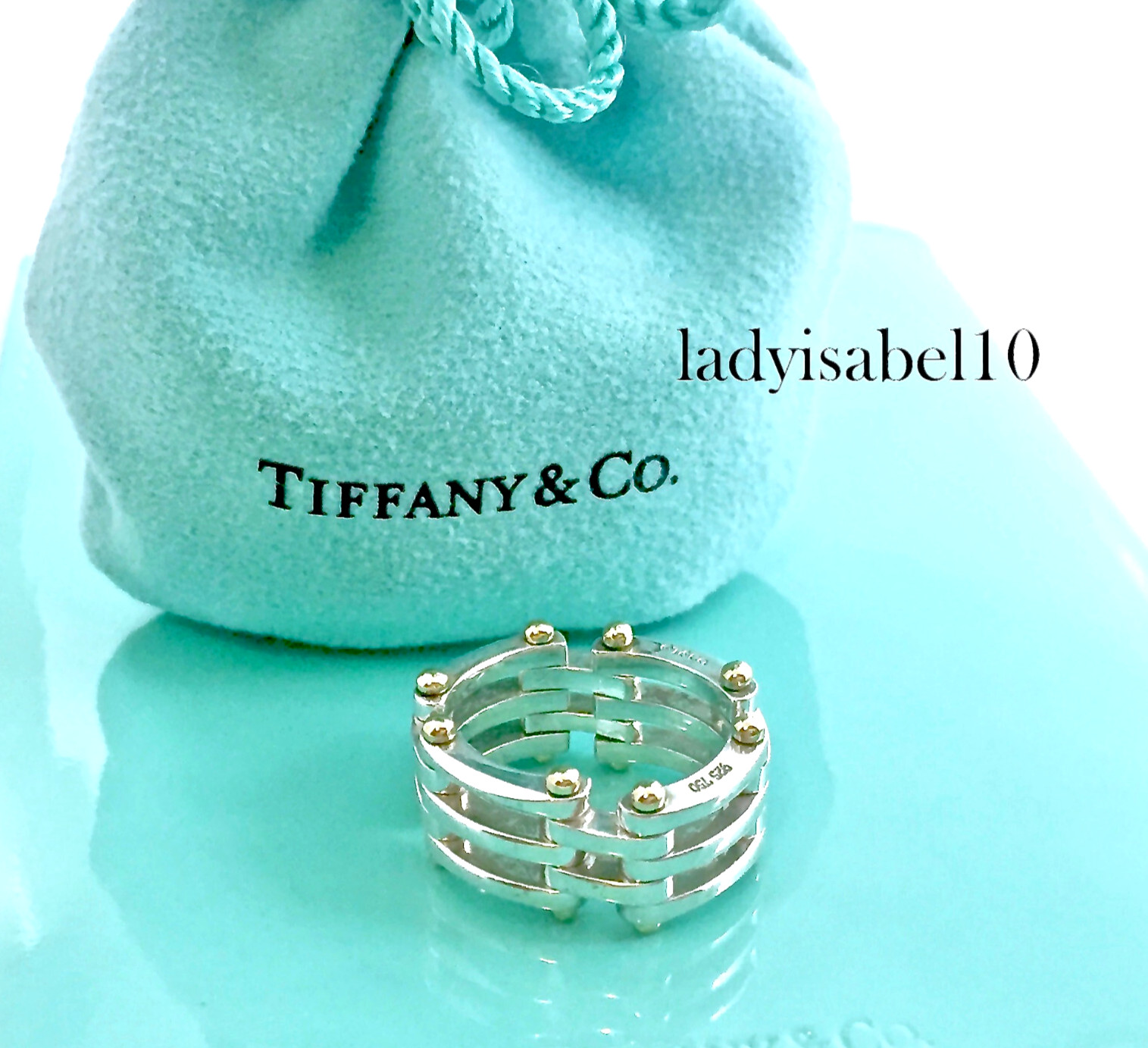 Sz 7.5 Tiffany & Co Gate Link 18k Gold 925 Silver Ring 12mm w/ Pouch – Authentic