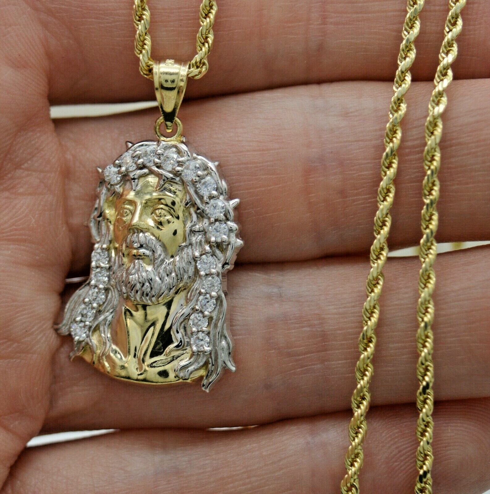 Real 10K Yellow Gold Jesus Head Diamond Cut Pendant + Chain 16″-24″