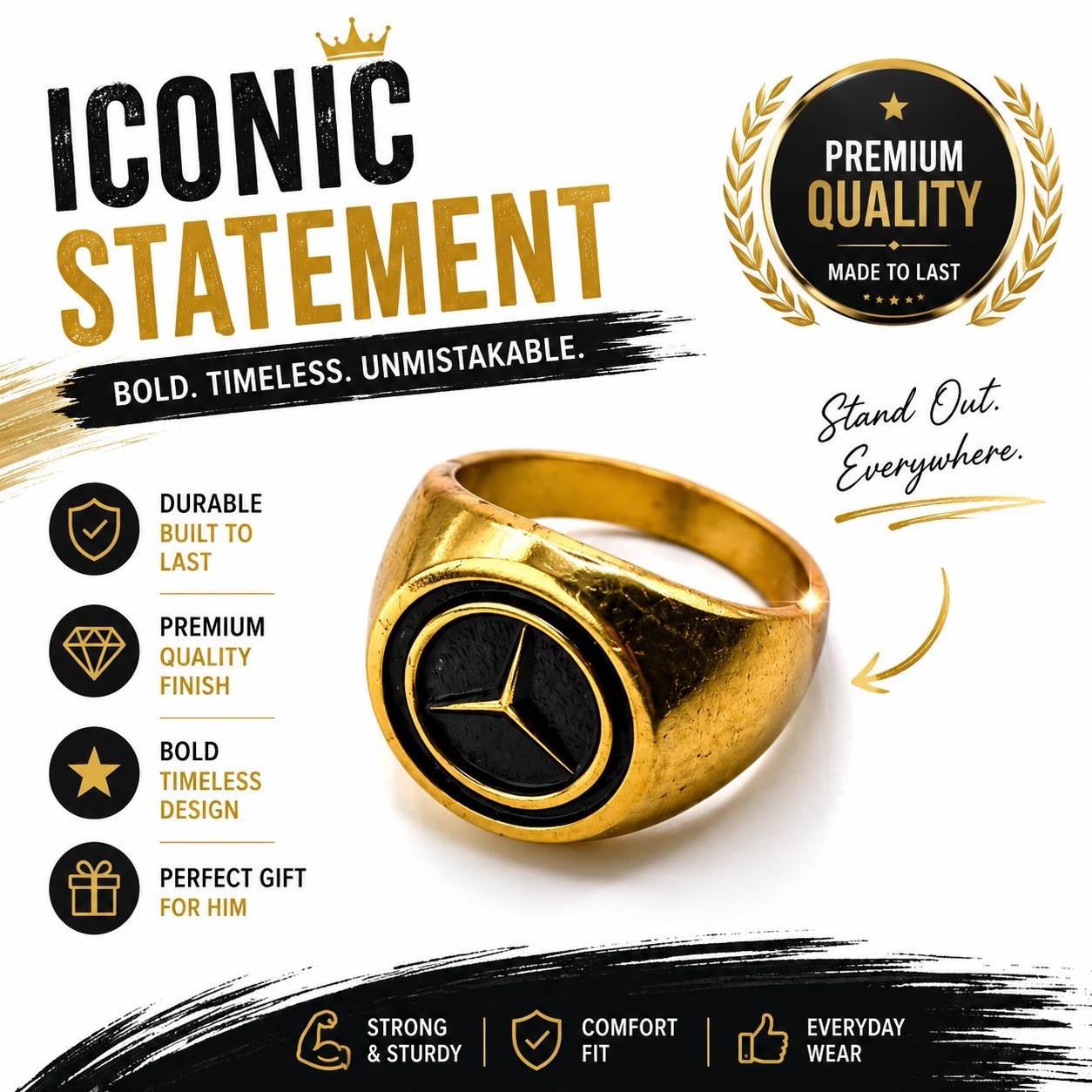 Gold Mercedes Style Logo Ring Black Emblem Mens Statement Fashion Jewelry