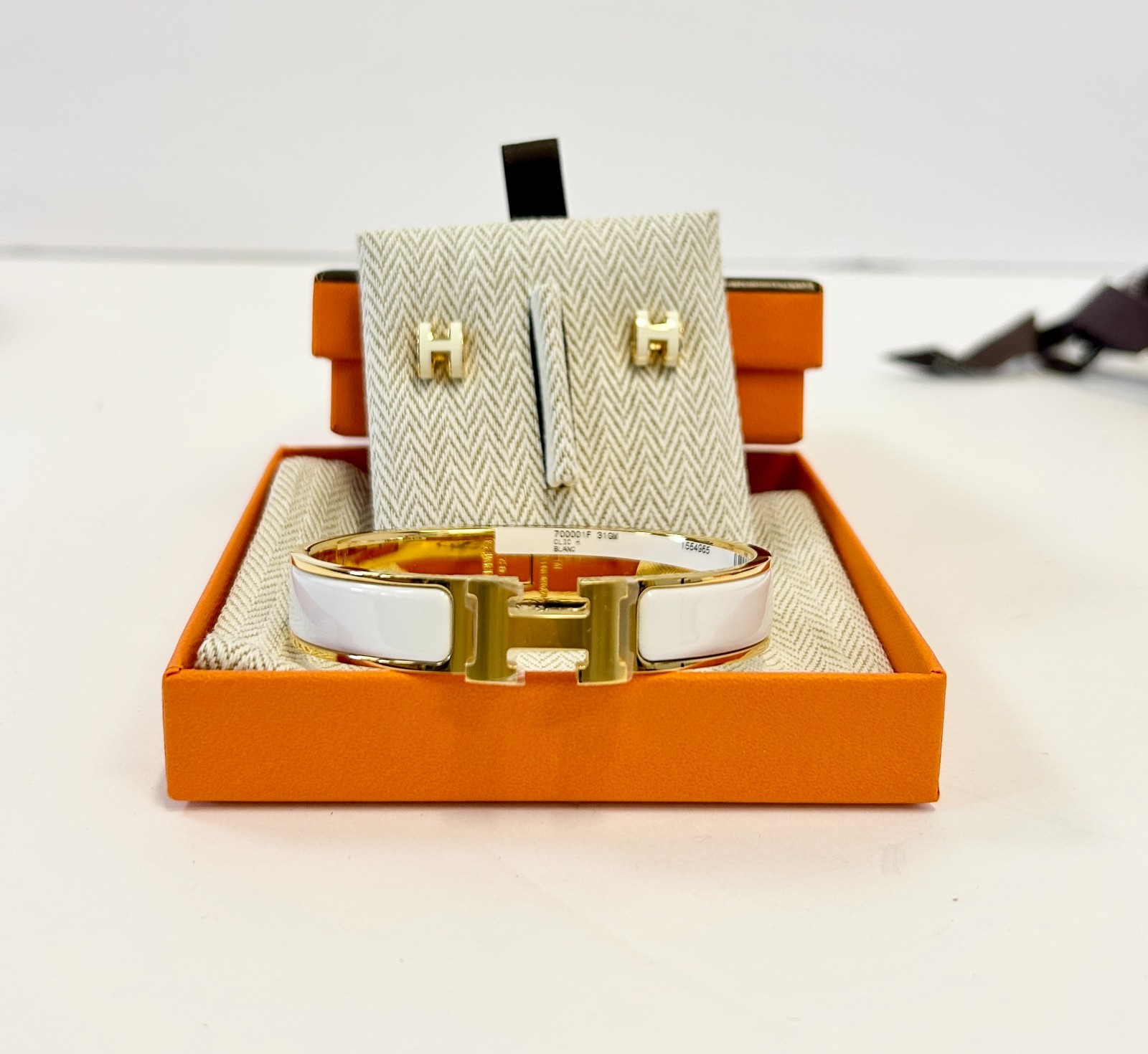Hermès Mini Pop H Earrings & Clic H Bracelet Blanc White Gold Plated Set NEW