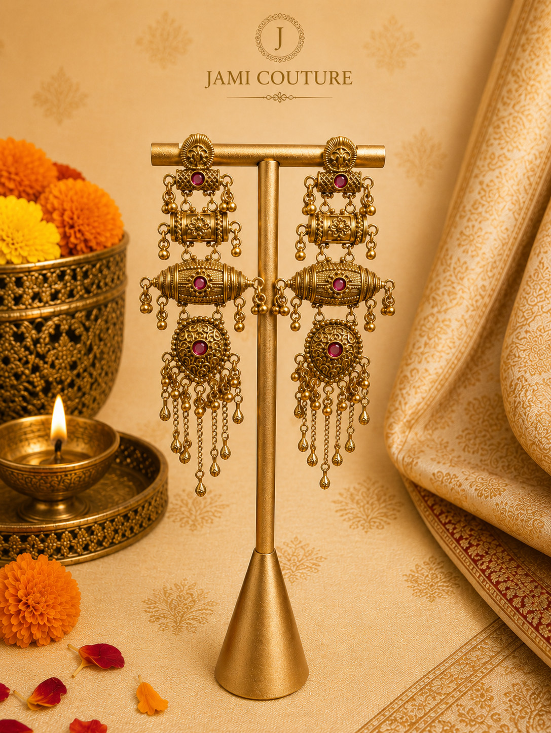 Indian Antique Long Chandelier Earrings Gold Ruby Multi Tier Jhumka Bridal Templ