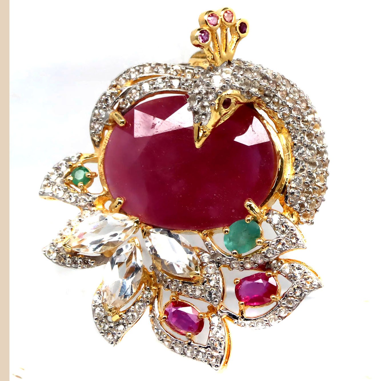 925 Silver 21×28 MM. Red Ruby, Topaz, Emerald, Sapphire & Zircon Brooch/Pendant
