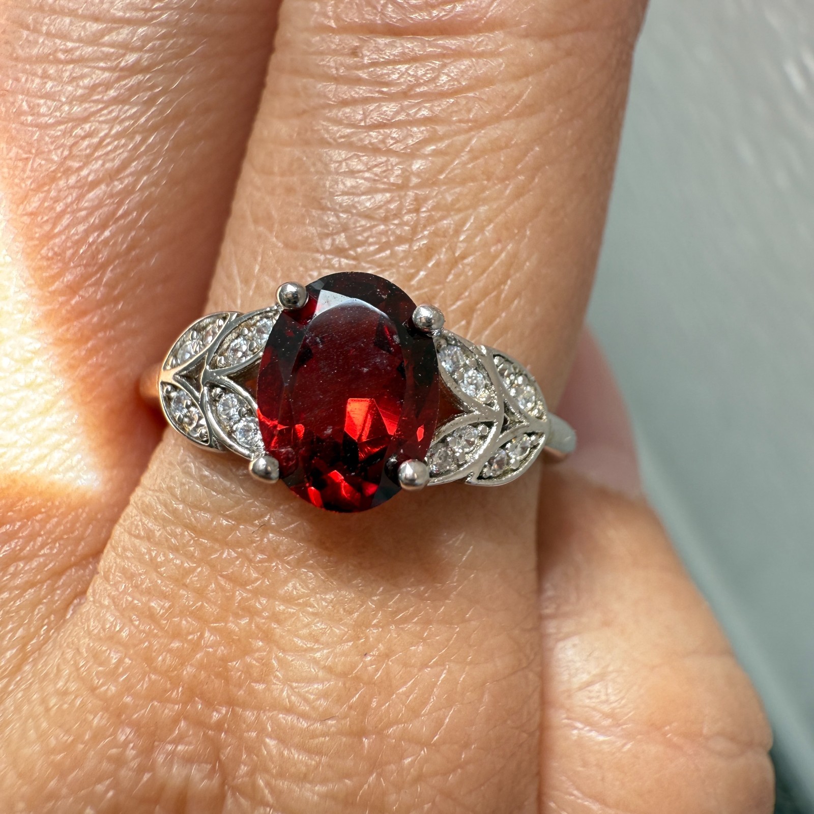 925 Sterling Silver Ring 8x6mm Natural Rhodolite Garnet Gemstone Zircon Flower