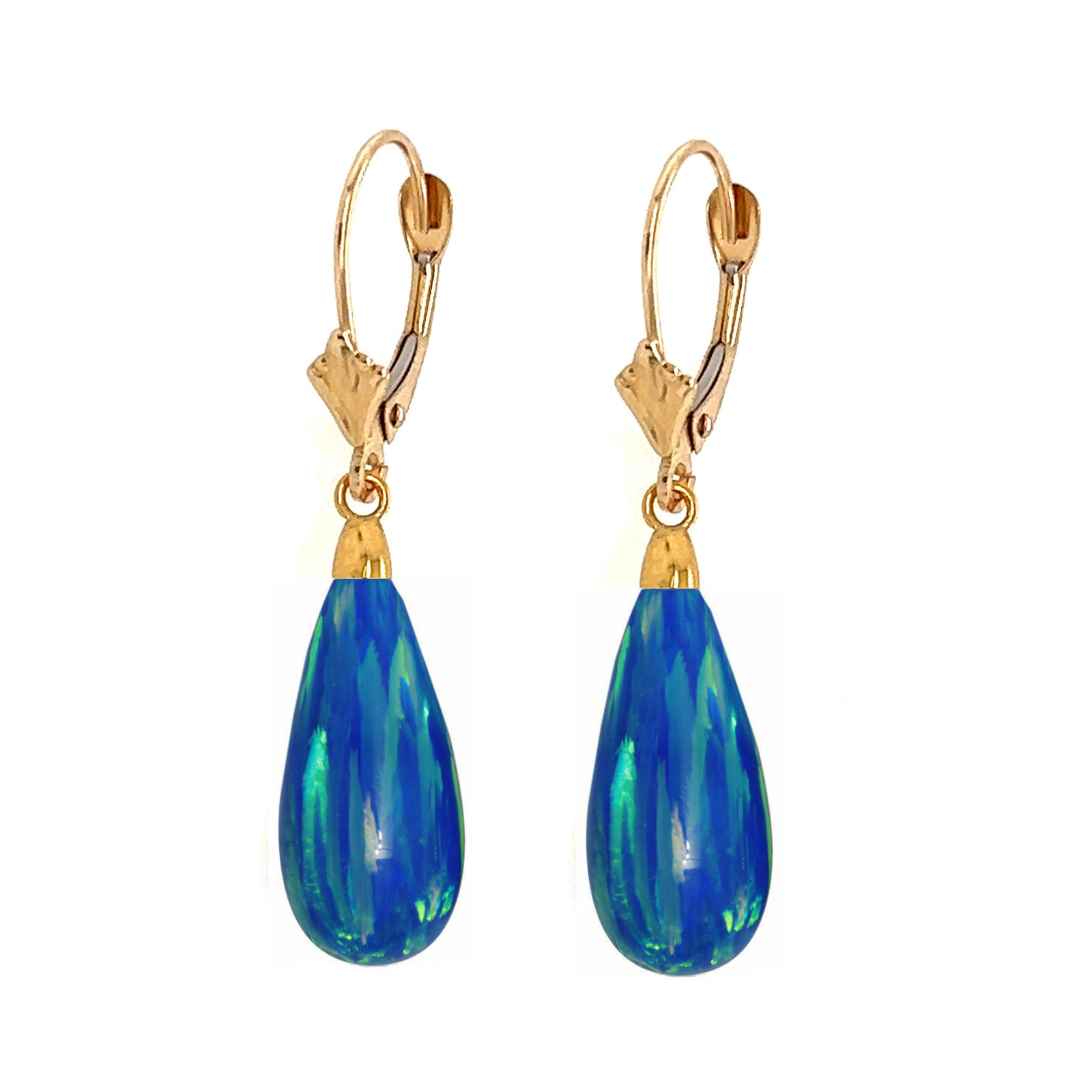14k Yellow and White Gold Dark Blue Opal Leverback Earrings