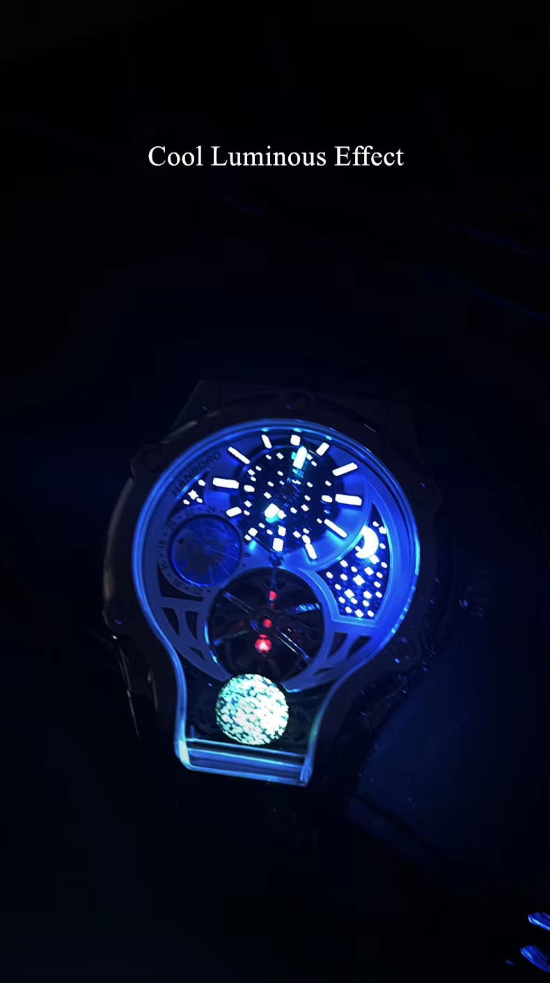 HANBORO Men Automatic Watch Sapphire Crystal Stainless Steel Skeleton H980 Silve