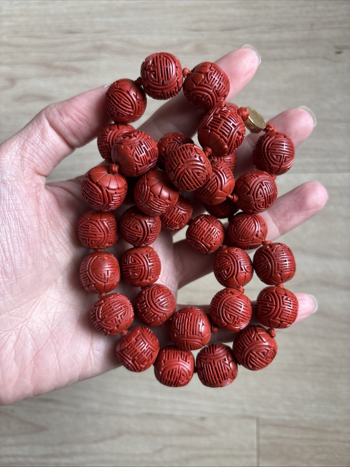 Vintage Chinese Export hand carved Red Cinnabar beads Necklace, 24 inches