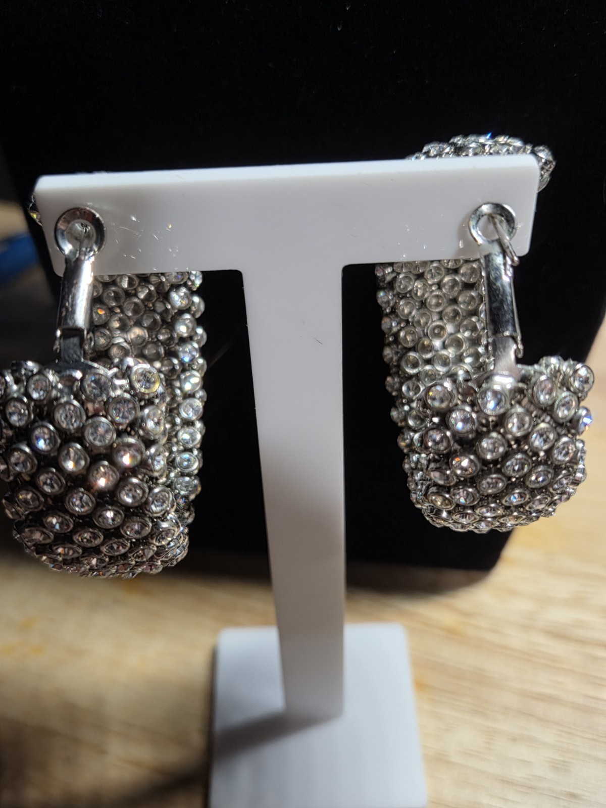 Silver Tone Clear Rhinestone Wide Hoop Earrings 2″ Sparkly Latch Back