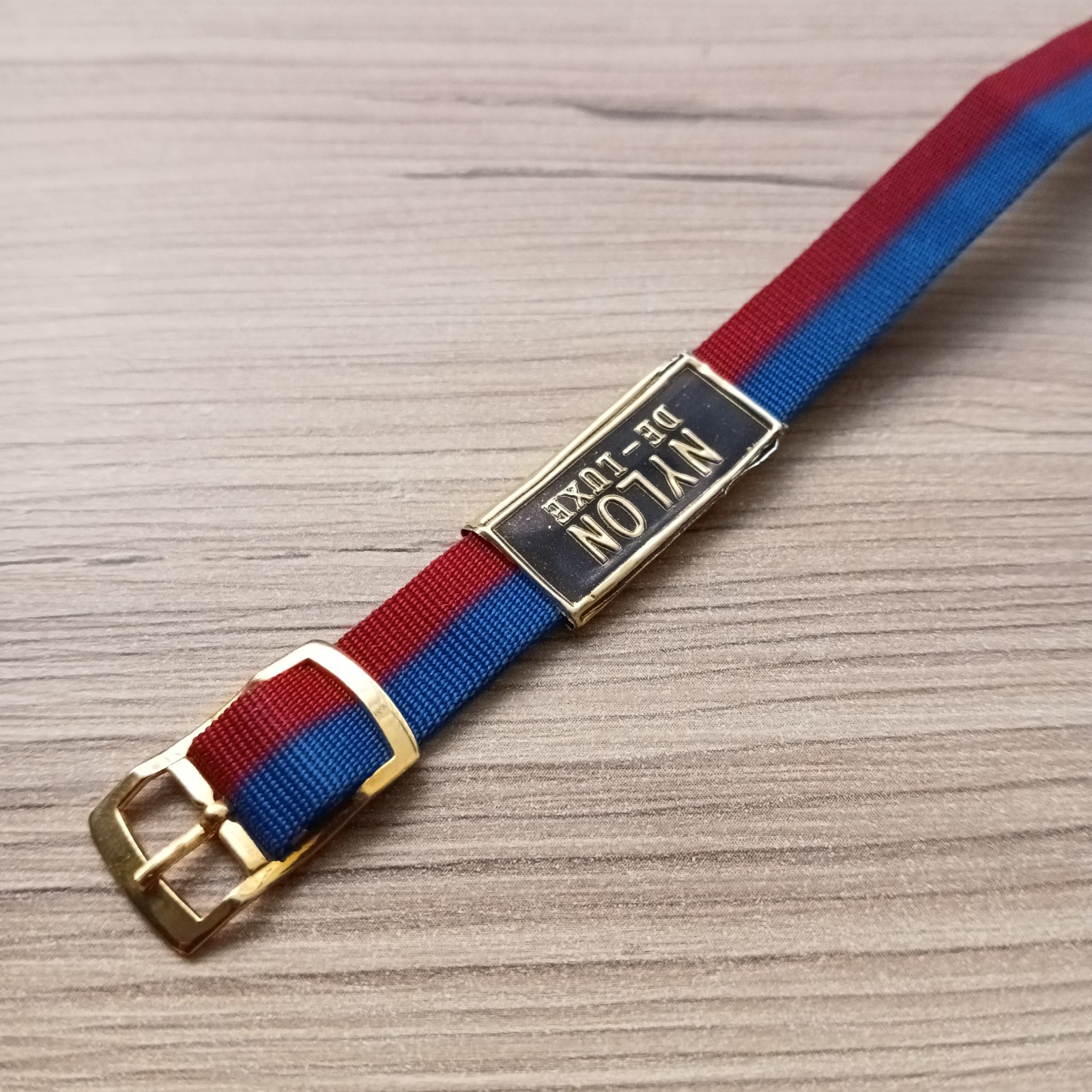 Vintage Nylon 10mm One Piece Watch Strap Red Blue Gold Buckle