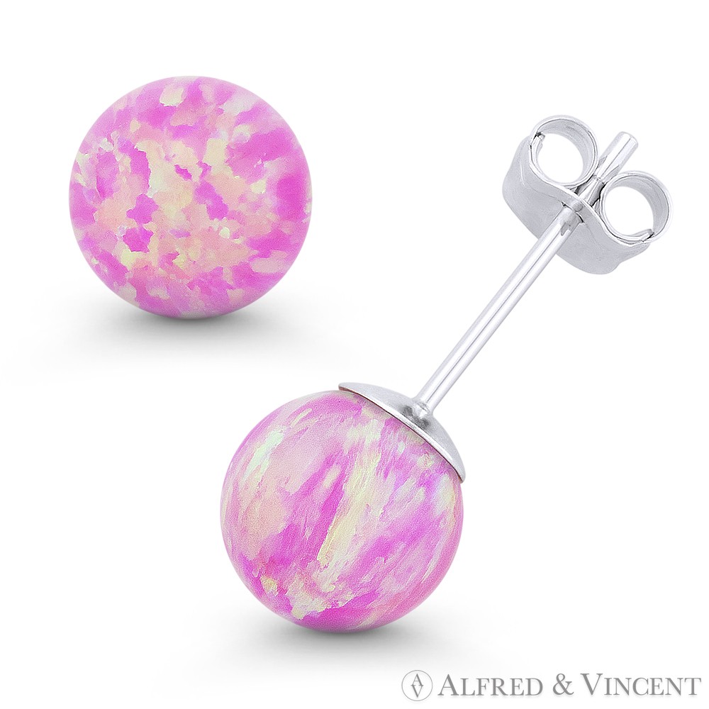 Angel Skin Pink Synthetic Fire Opal 14k White Gold Pushback Ball Stud Earrings
