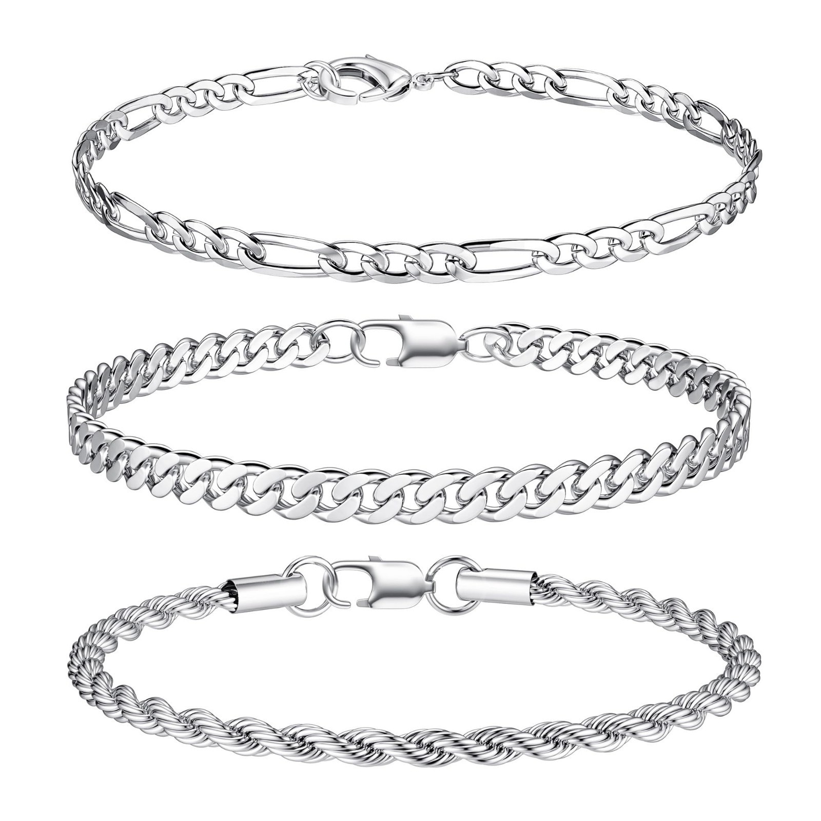 3Pcs Men’s Chain Bracelets, Stainless Steel Figaro Rope Cuban Link, Gold/Silver