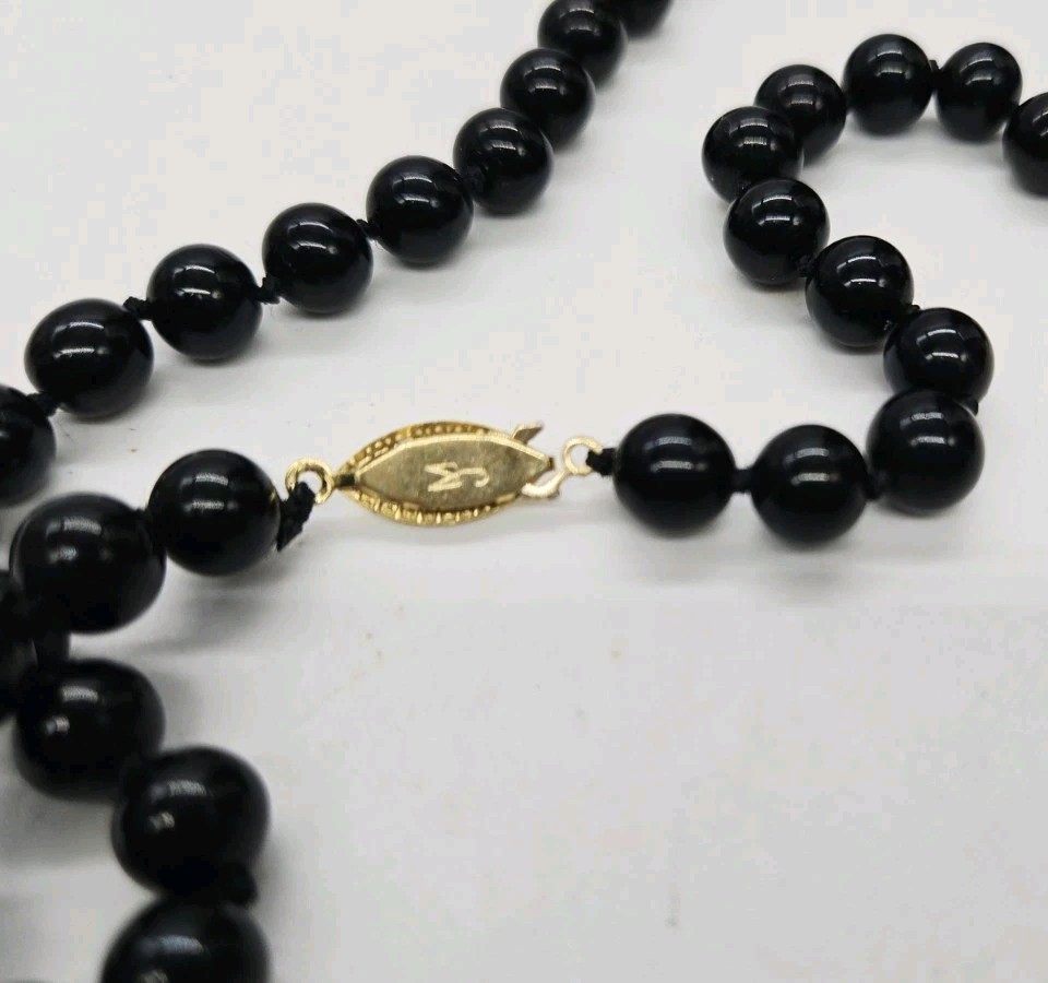 Black Glass Beaded Necklace Hand-Knotted MJ Signed Clasp Gold tone 26 in