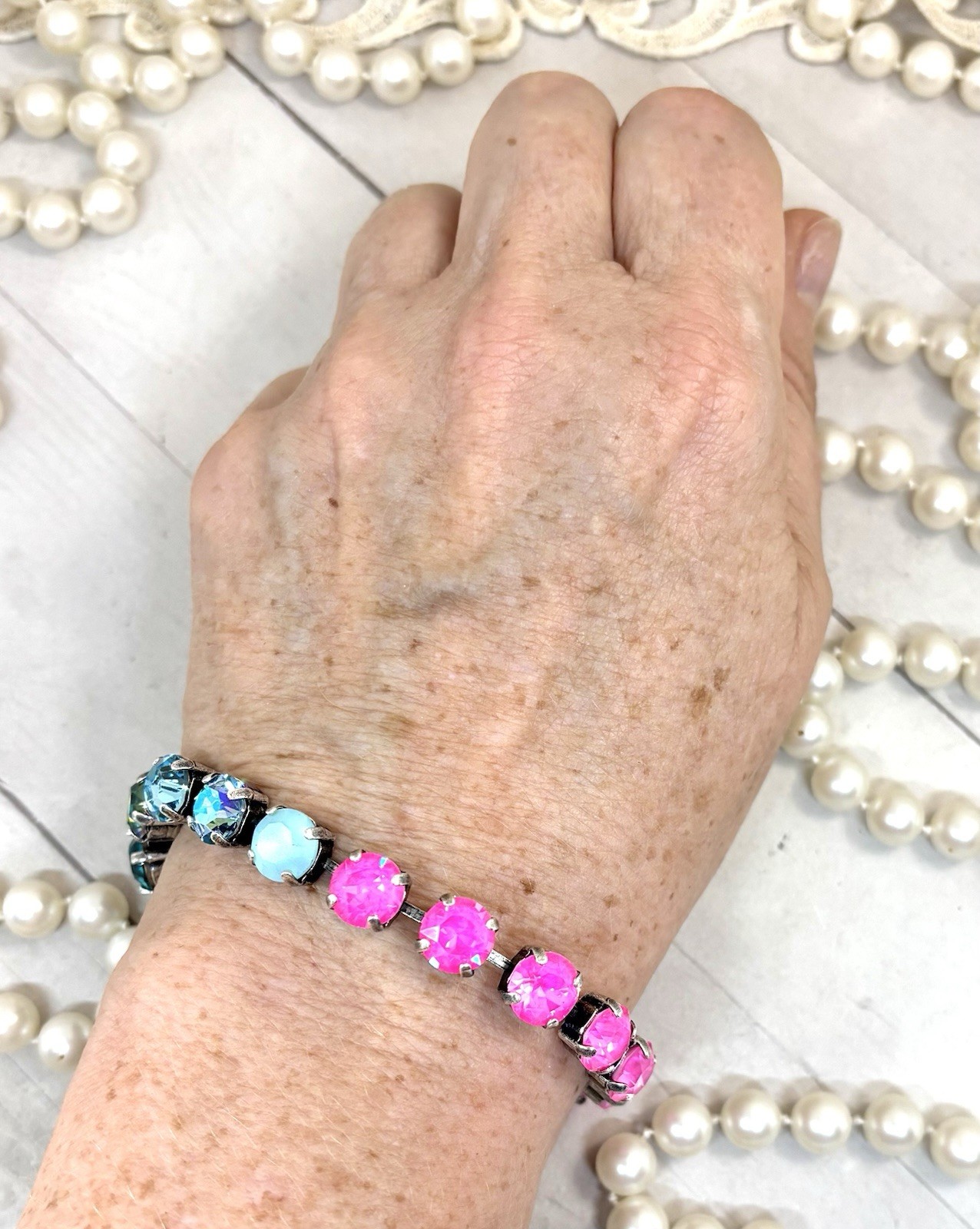 Neon Pink Delite And Teal Swarovski Crystal Cup Chain Tennis Bracelet