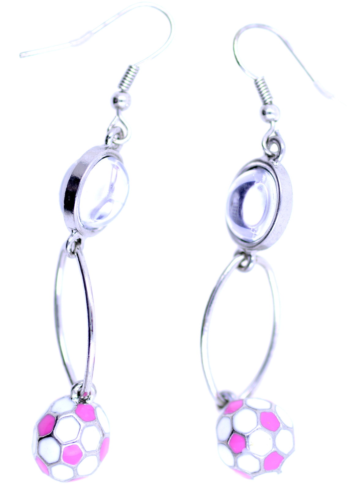 Hanging pink and white enamel football dangle earrings