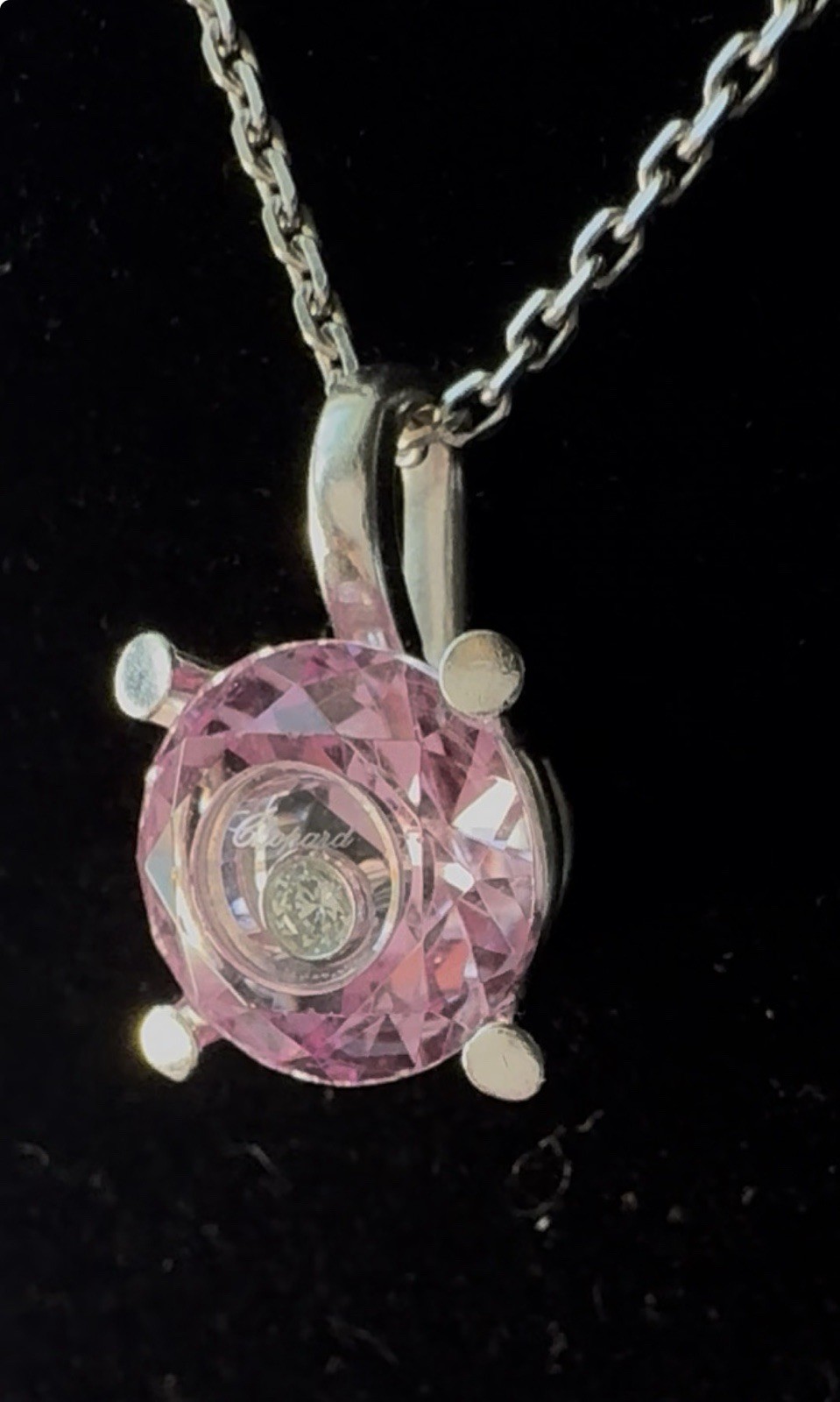 Chopard “So Happy” Pink Crystal Floating Diamond 18K White Gold Necklace