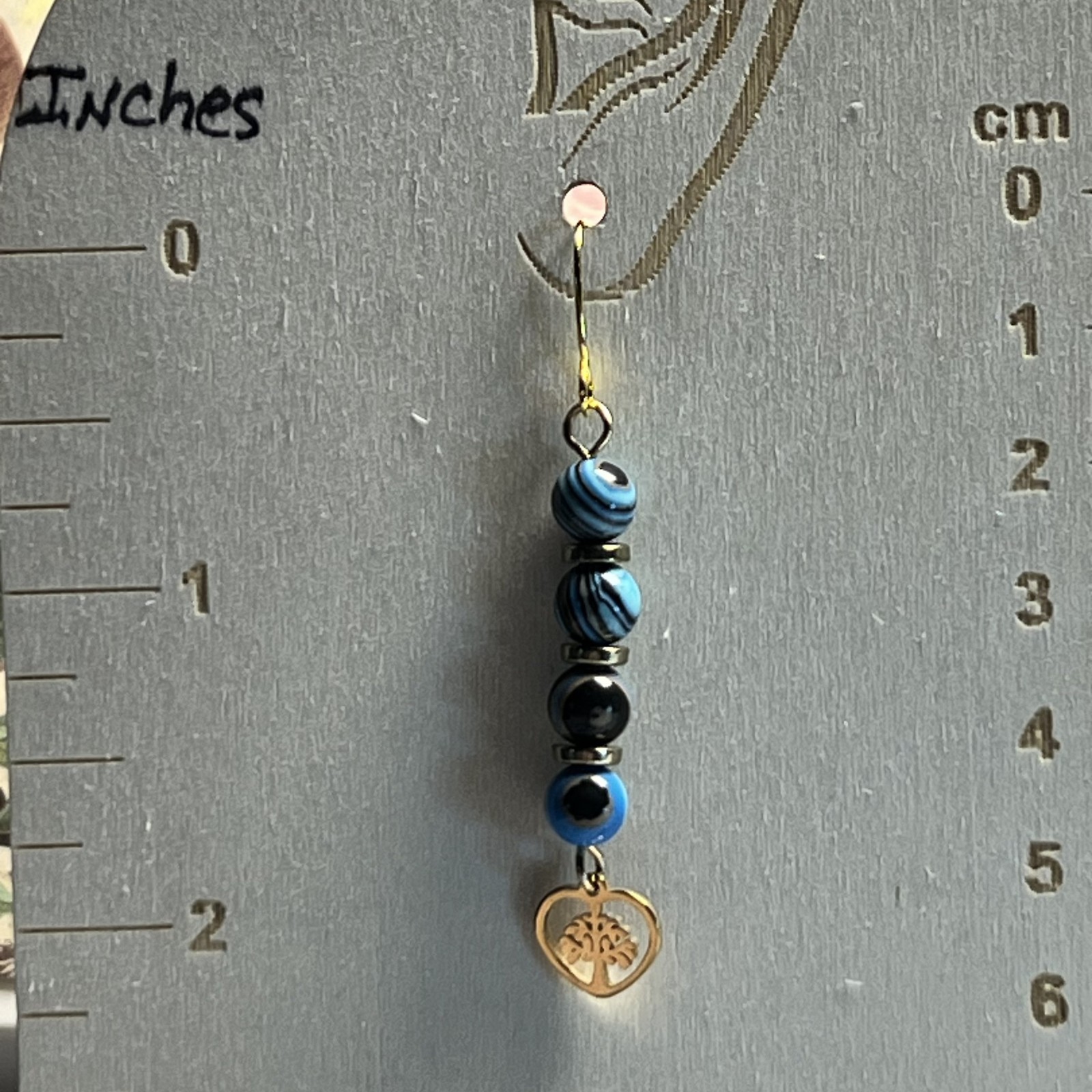 Gold Tone Black Blue and Orange Round Glass Beaded Stacked Dangle Earrings. S239