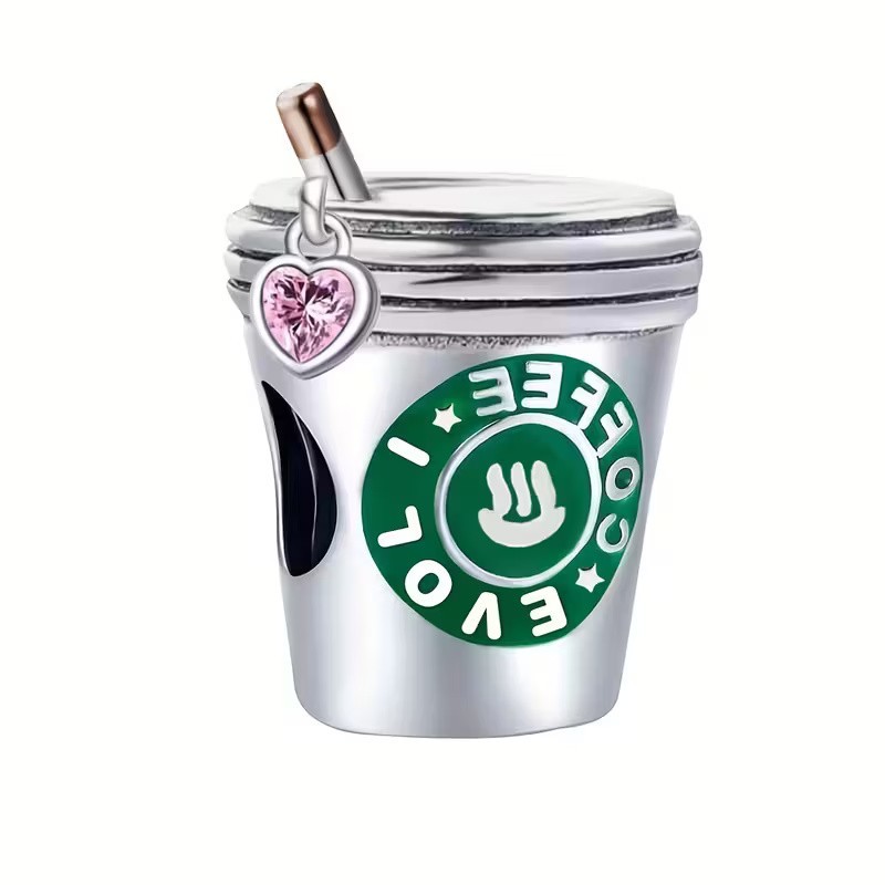 Coffee Cup with pink heart Bead Charm Sterling Silver S925 Hallmarked