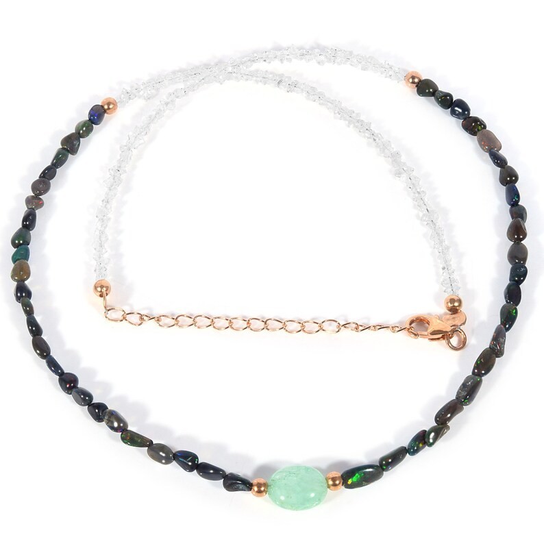 Natural Black Opal Herkimer Diamond Necklace 925 Sterling Silver Handmade Boho