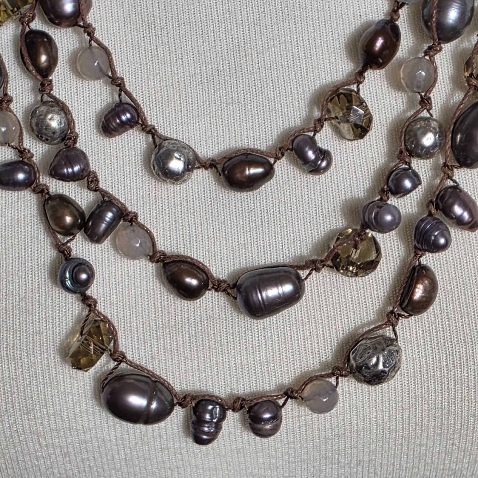J. Jill Triple Strand Necklace Gray & Bronze Colored Beads on Brown Cord