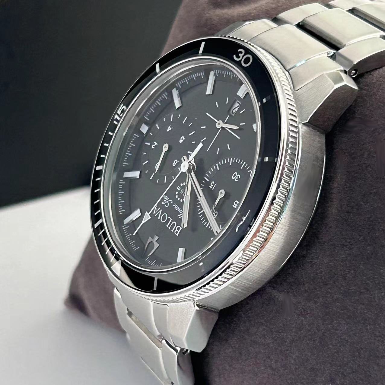 New Bulova Marine Star Black Dial Stainless Steel Men’s Quartz Watch 96B272 45mm