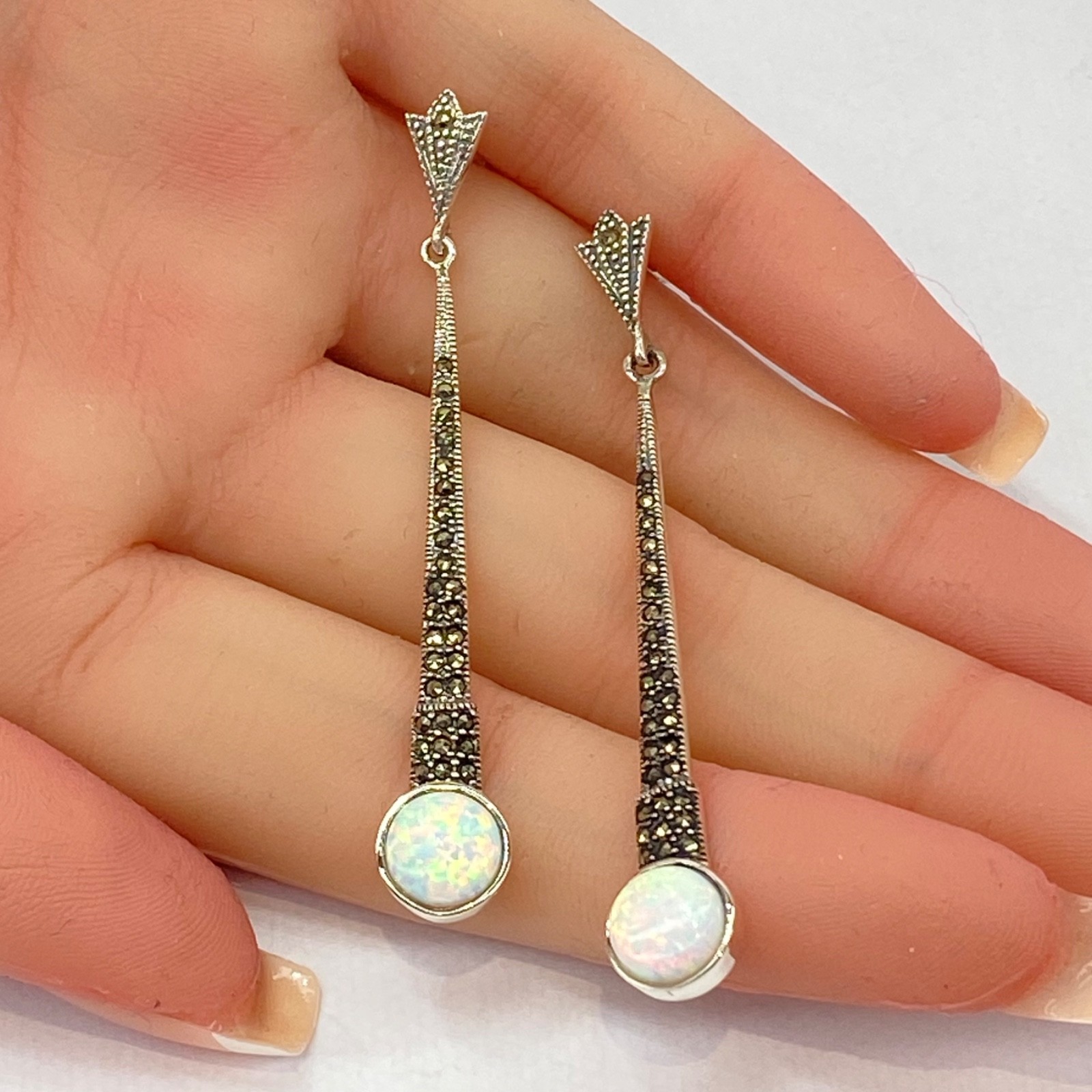 Opal Earring Studs 925 Sterling Silver Long Drop Marcasite Accents 6.2cm New