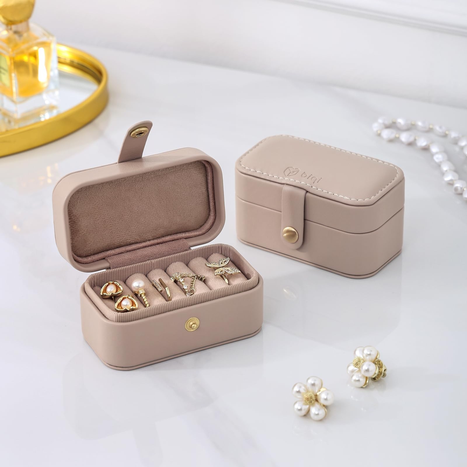 BIQI MUSSE Jewelry Ring Case for Travel, PU Leather Light Taupe