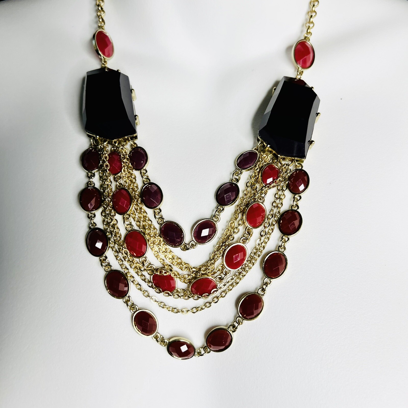 Statement Red Black Resin Stone Layered Multi Strand Bib Necklace Gold Tone 1092