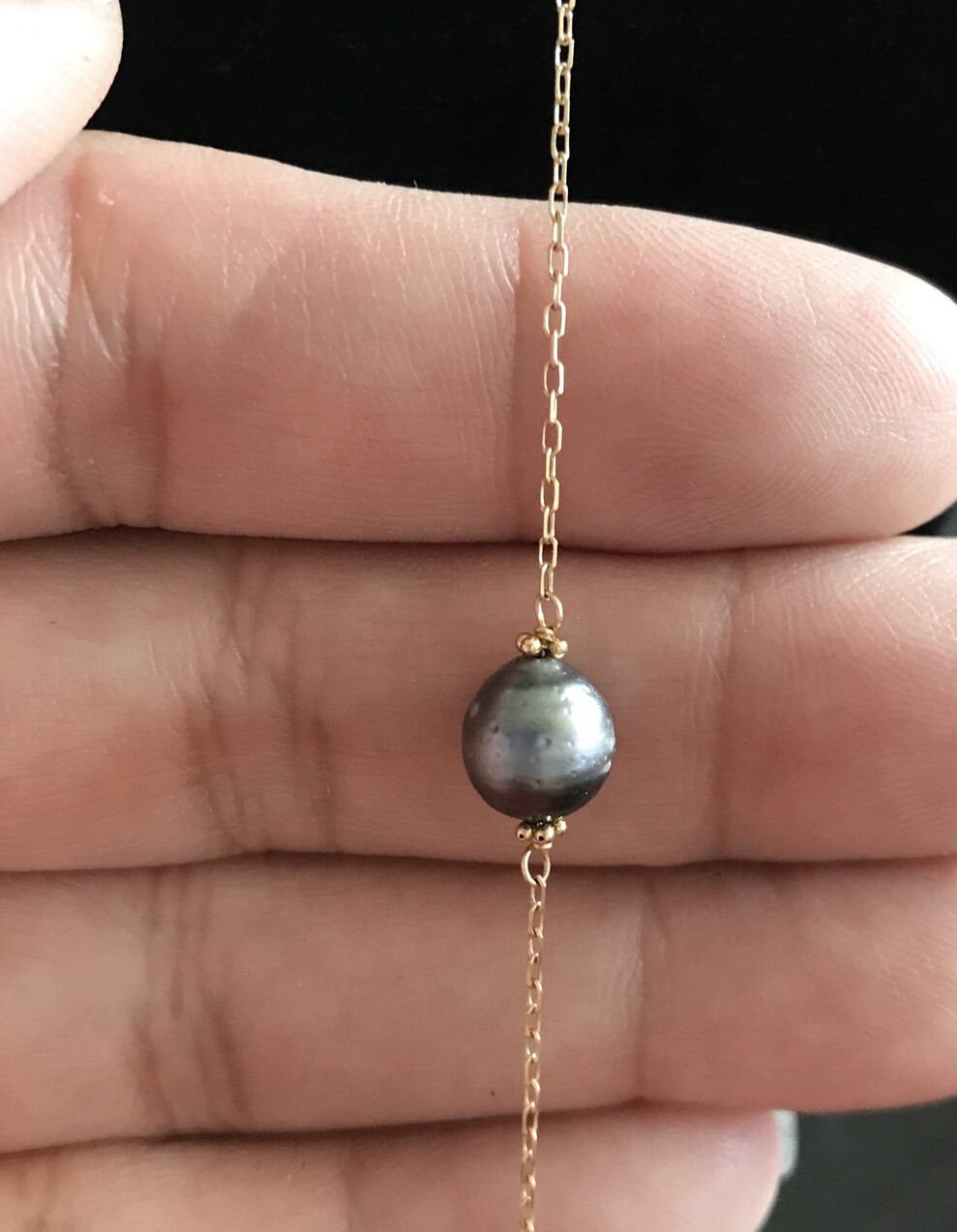 14k Yellow Gold Freshwater Black Gray Pearl Floating Station Necklace Choker 17”