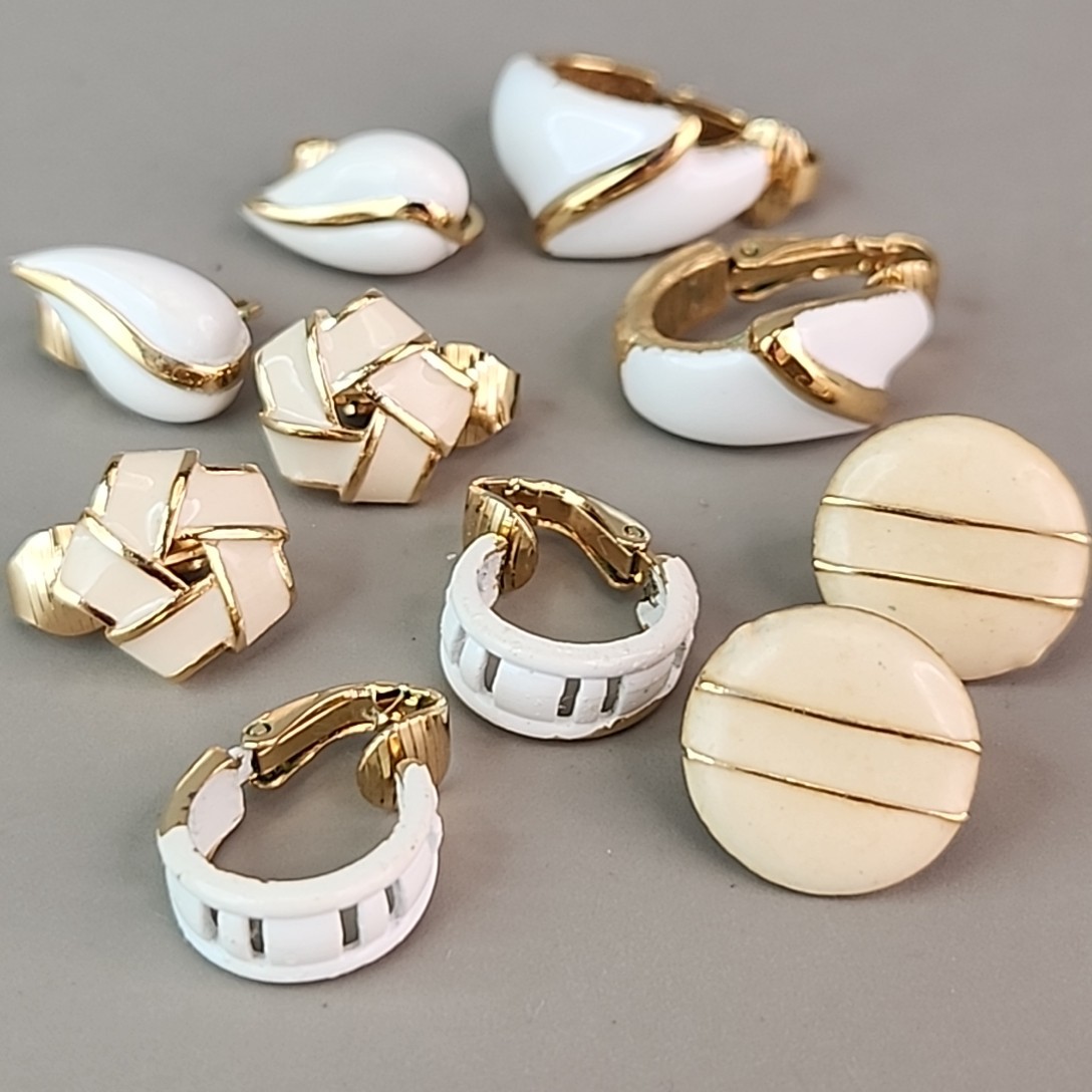 Trifari Clip On Earrings Lot of 5 Hoop White Cream Enamel Gold Tone
