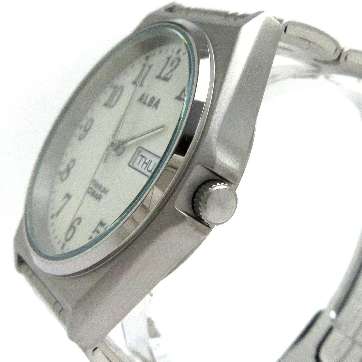 Seiko Alba Men’s Titanium Day-Date Watch with Arabic Numerals and Lumibrite