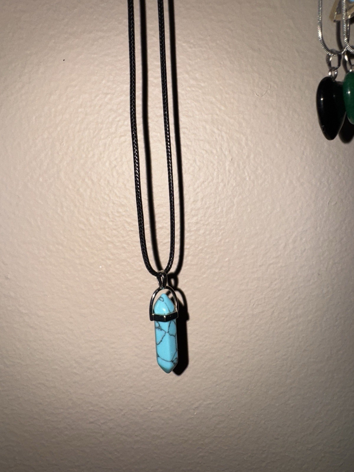 I.5” Blue Turquoise Hexagonal Point Ona 18” Black Rope Chain