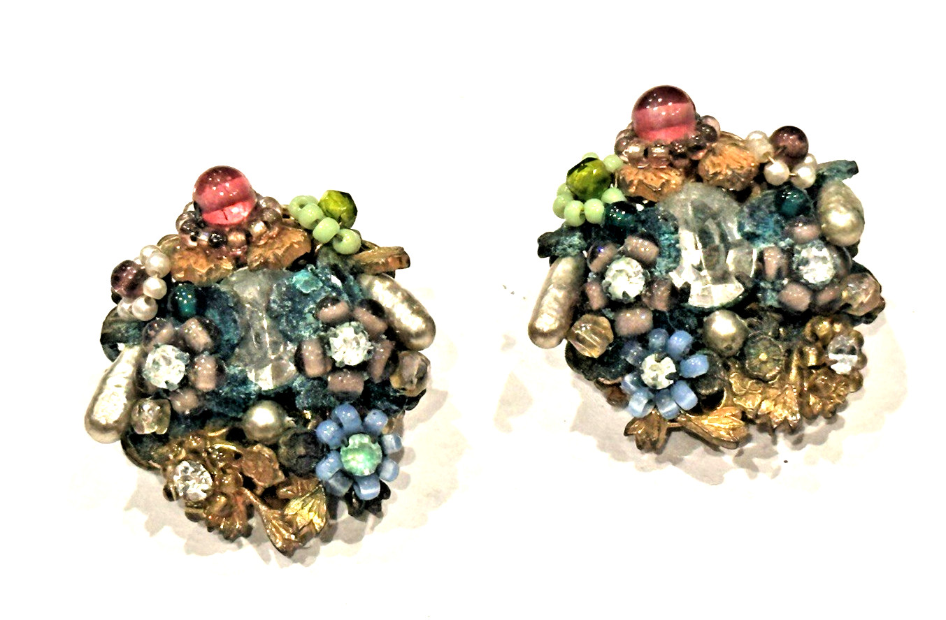 KRAMER SHINY & BRUSHED GOLD BEAD BUTTON VINTAGE RETRO MCM CLIP ON 1″ EARRINGS EU