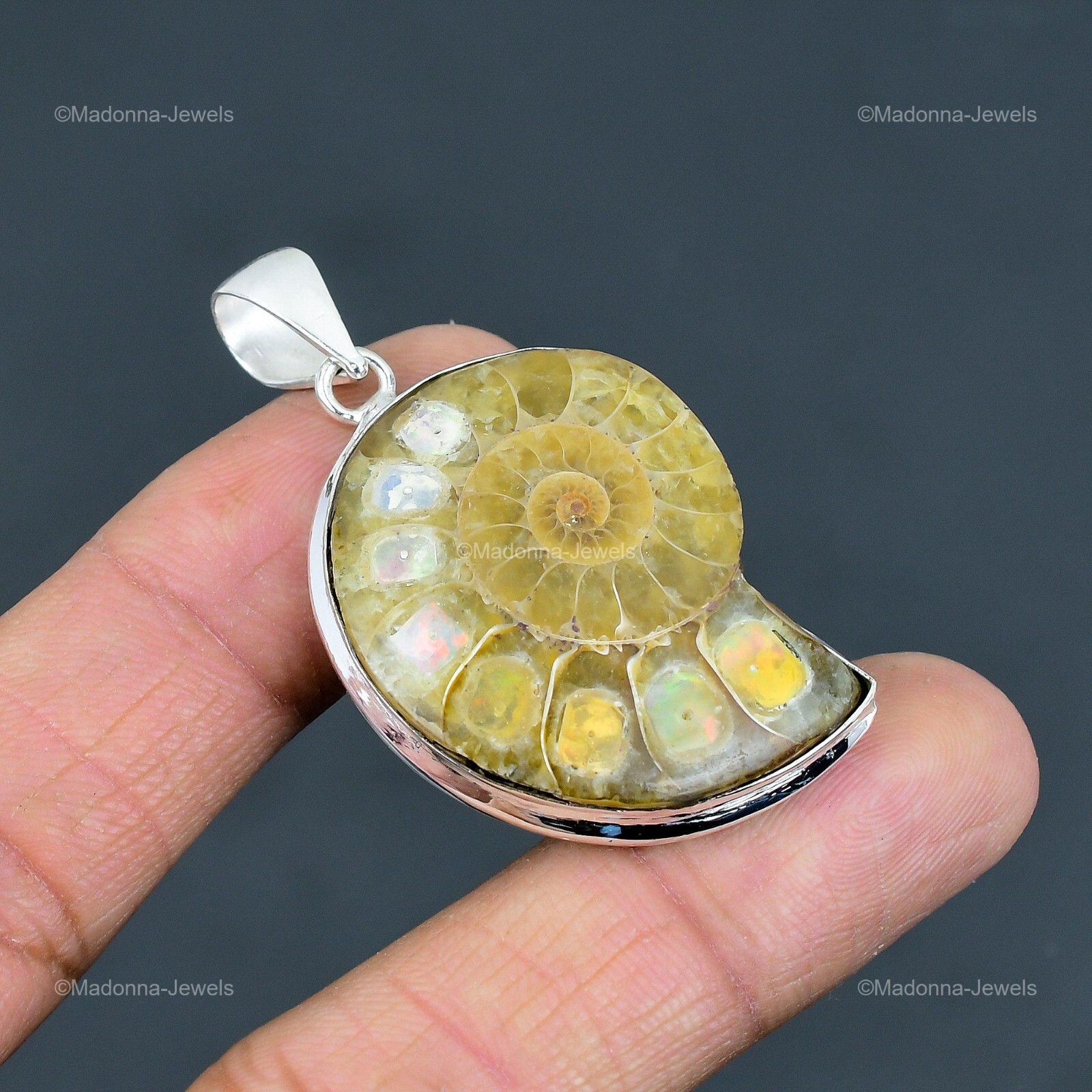Natural Ethiopian Opal In Ammonite Fossil 925 Sterling Silver Daughter Pendant
