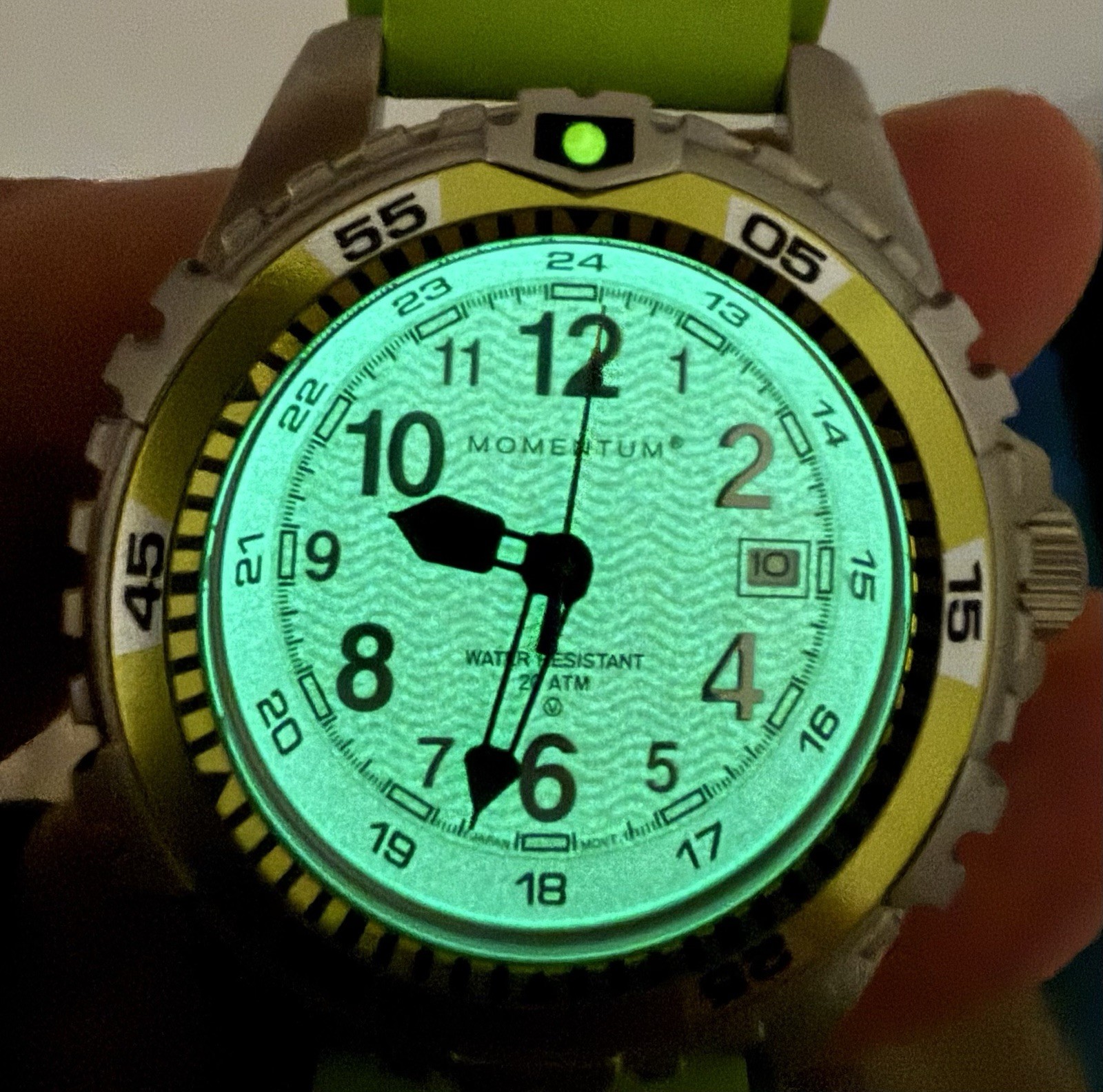 Momentum M1 Dive Watch White Dial Lime Green Rubber Strap 20ATM Stainless Steel
