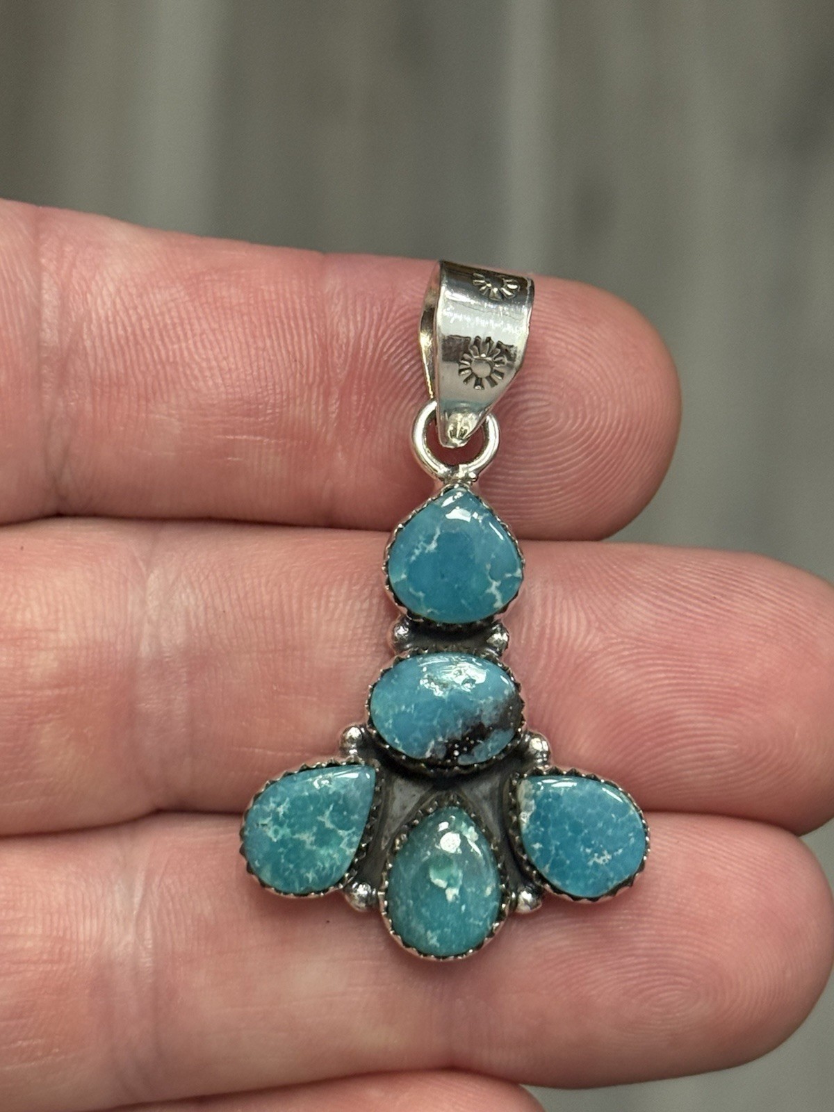 STERLING SILVER WHITE WATER TURQUOISE 5 STONE MIX SHAPE CLUSTER PENDANT .925
