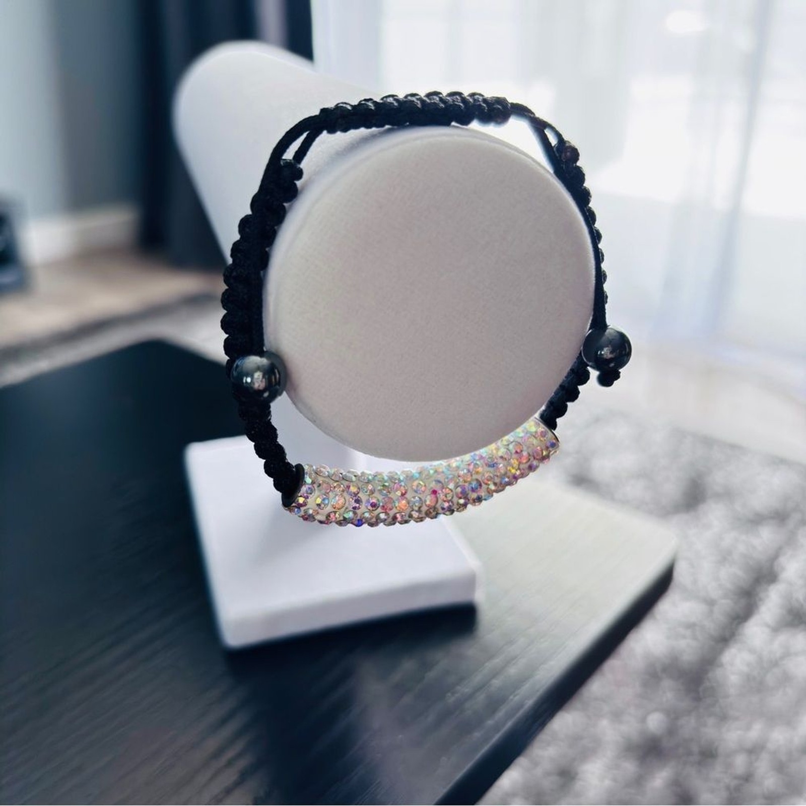 Crystal Rhinestone Adjustable Shamballa Bracelet Black Cord AB Sparkle