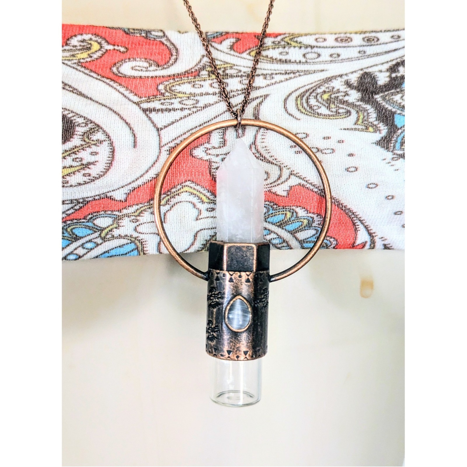 Copper & Quartz Crystal Essential Oil Rollerball Vial Pendant Necklace NEW