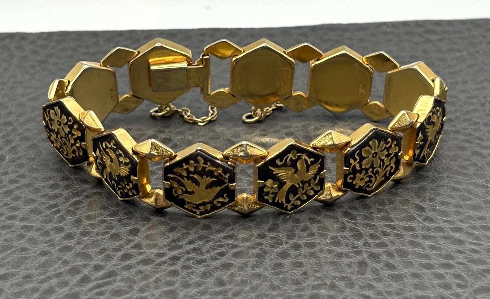 Vintage Damascene Gold Plated Hexagon Black Enamel Phoenix Bird Bracelet 7.25”