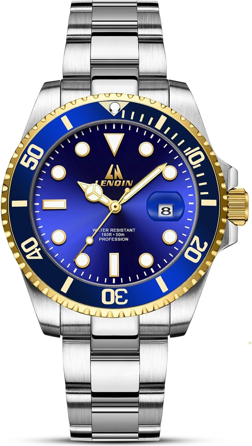 LN LENQIN Mens Analog Quartz Watch 39mm Silver Gold Blue Steel Bracelet Date 50m