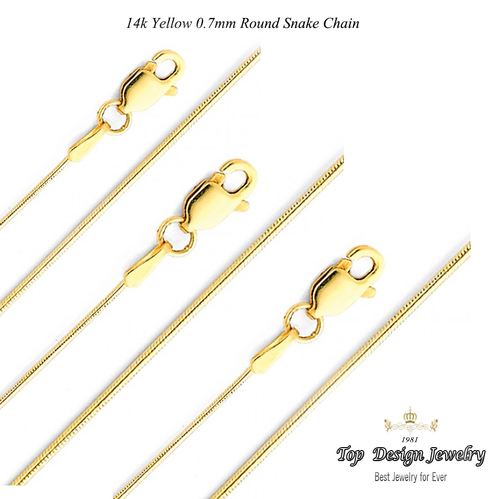 14K Solid Yellow Gold Lobster Clasp Round Cut Snake Chain Necklace 0.8mm 16″-24″