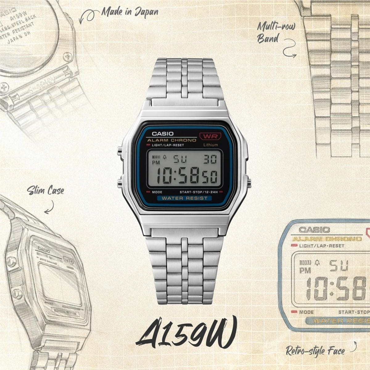 Casio A159WA-N1JH Retro Digital Watch Silver Stainless Steel JDM NEW JAPAN